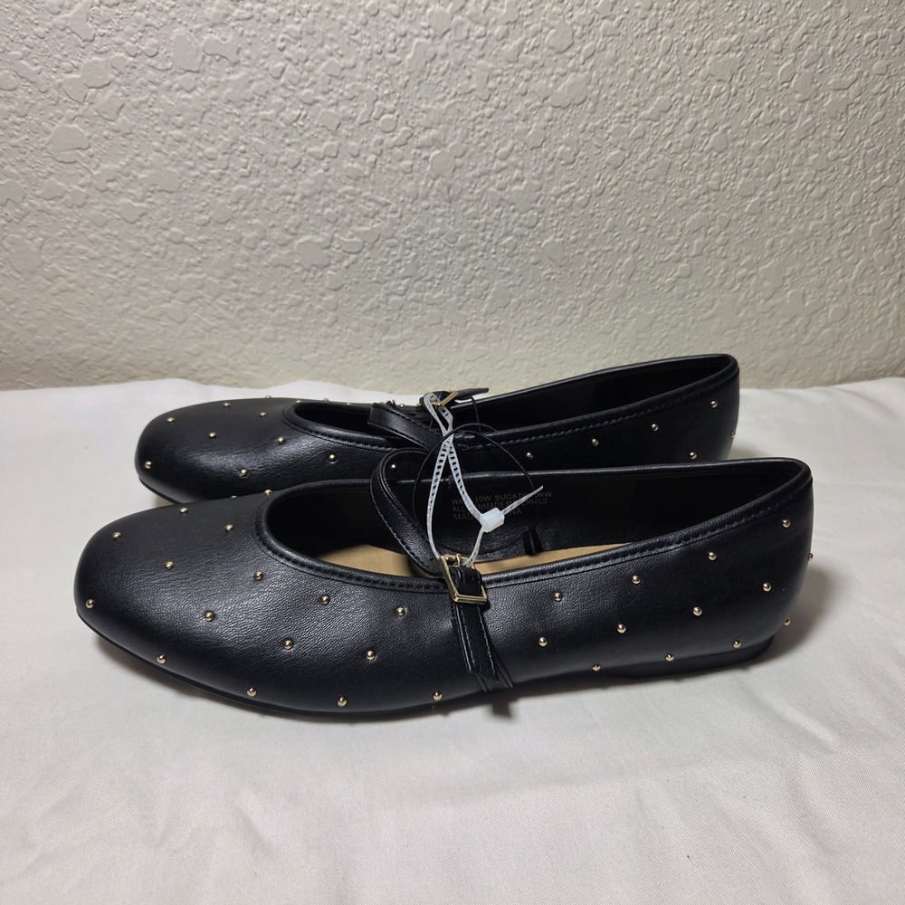 Report Bucatini Black Studded Mary Jane Ballet Flats Women 10W Gold Studs Edgy